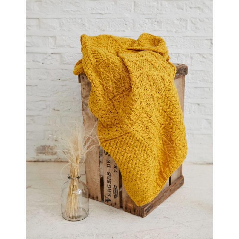 Throw Blanket, Patchwork Design, Cable Knit, Marigold Yellow