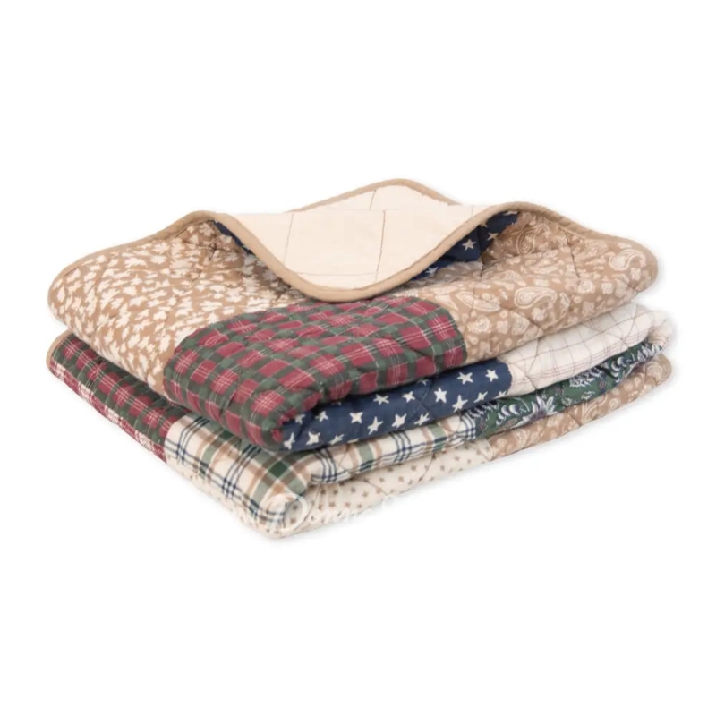 Throw Blanket Patchwork Design Navy Brick Red Scalloped Edge Rustic