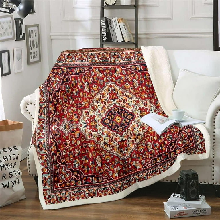 Throw Blanket Persian Pattern Oriental Sherpa Lined
