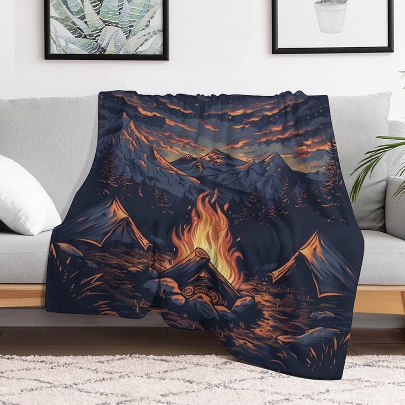 Throw Blanket Photographic Campfire Graphic Flannel Rustic Lodge