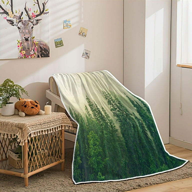 Throw Blanket Photorealistic Misty Pine Forest Plush Flannel Rustic