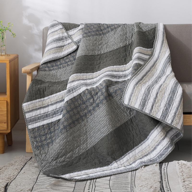 Throw Blanket, Pieced Horizontal Stripes. Brown Gray Quilted Stitching.