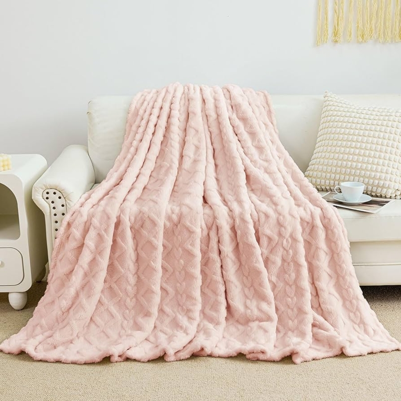Throw Blanket Pink Fleece 3D Leaf Pattern Sculpted Texture Decor