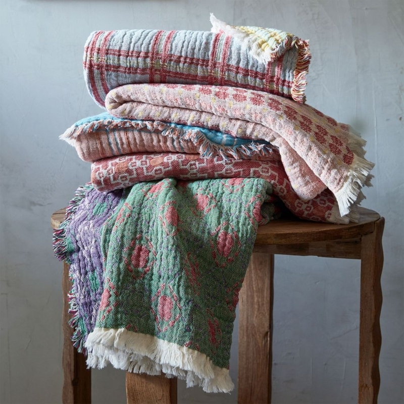 Throw Blanket, Pink & Green Geometric Pattern. Eclectic Living Room Accent.
