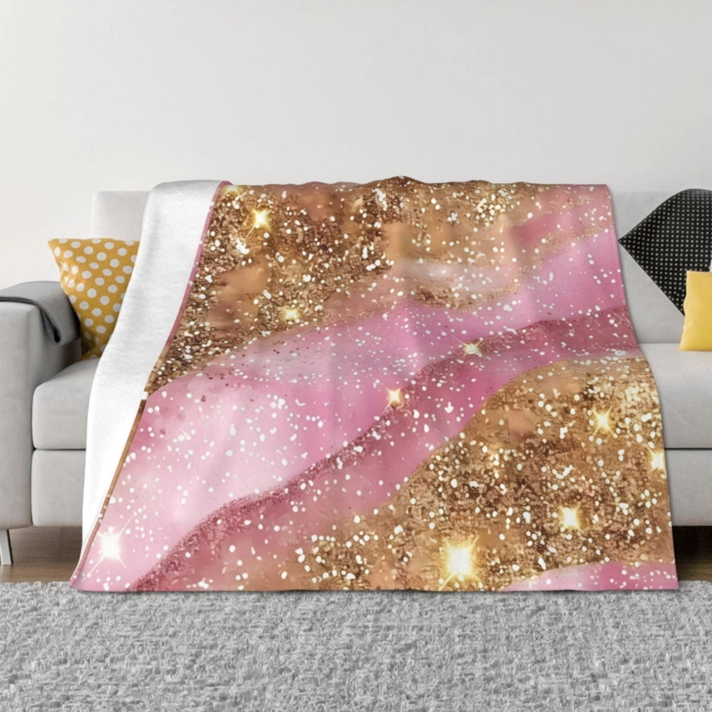 Throw Blanket Pink Plush Flannel Gold Geometric Pattern