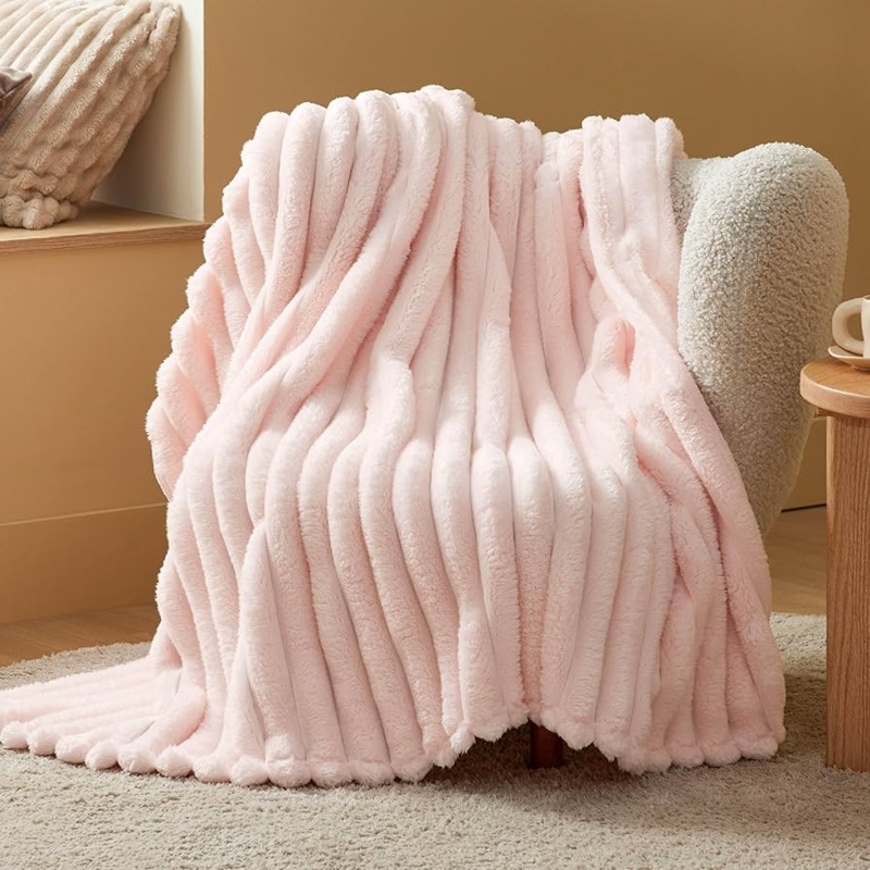 Throw Blanket, Pink Plush with Wider Striped Design for Inviting Sofas