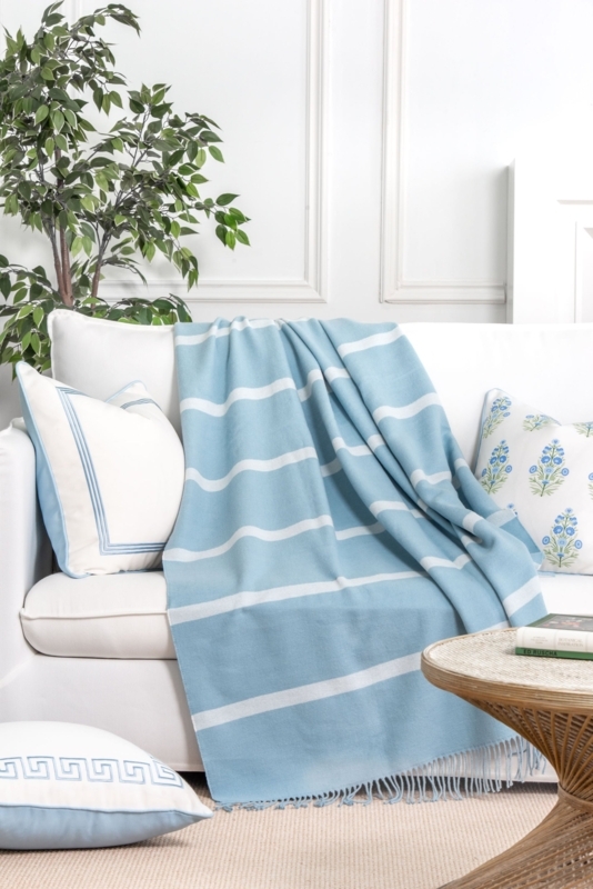 Throw Blanket, Pinstripes, Baby Blue and White, Airy Coastal