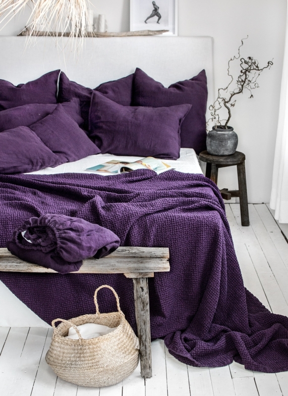 Throw Blanket, Plum Waffle Weave Linen-Like Texture, Earthy Modern