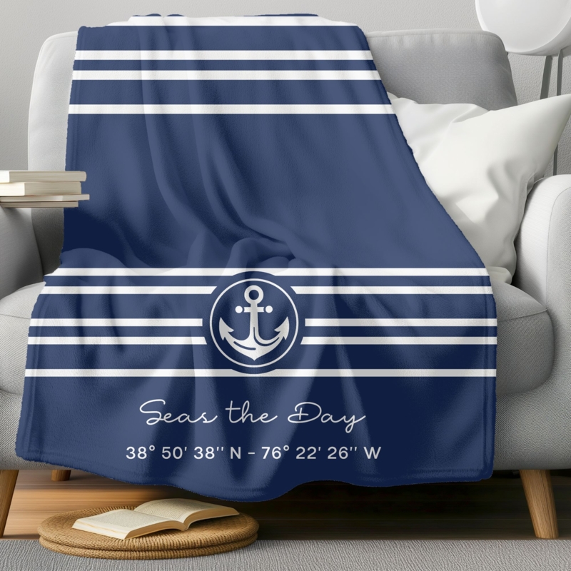 Throw Blanket, Plush Anchor Pattern Navy White, Maritime Living