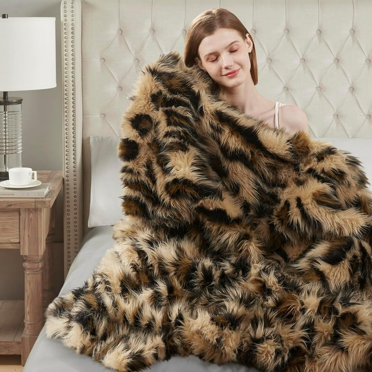 Throw Blanket, Plush Faux Fur in Classic Leopard Print, Modern Glam
