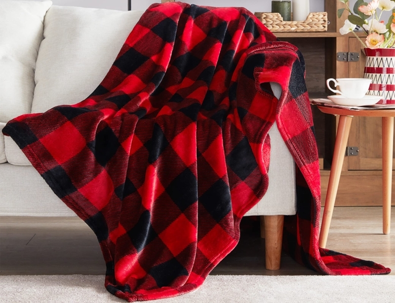 Throw Blanket Plush Fleece Buffalo Plaid Red Black Farmhouse