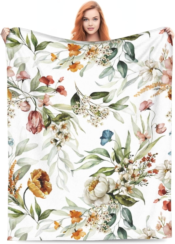 Throw Blanket Plush Texture Vintage Botanical Floral Print Dark Decor