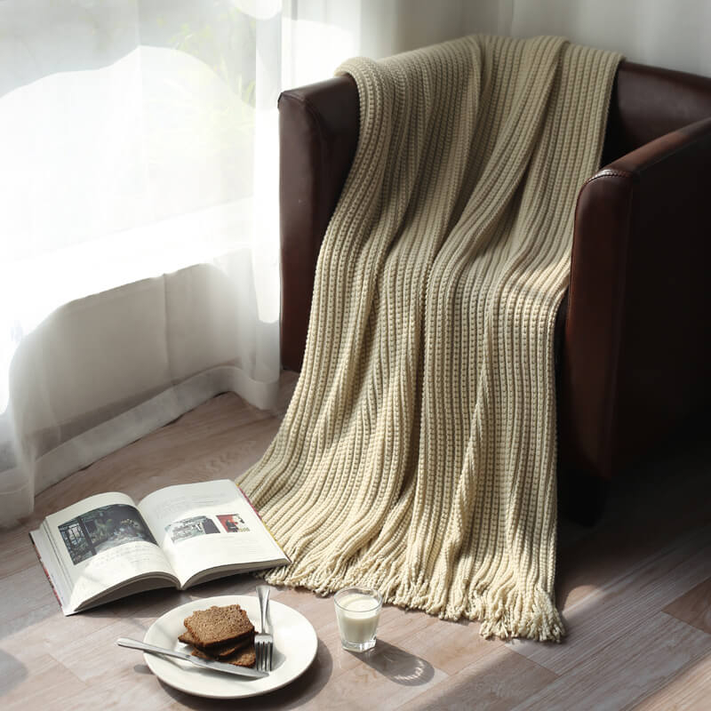 Throw Blanket, Popcorn Knit Tactile Texture. Cream Chunky Scandinavian.