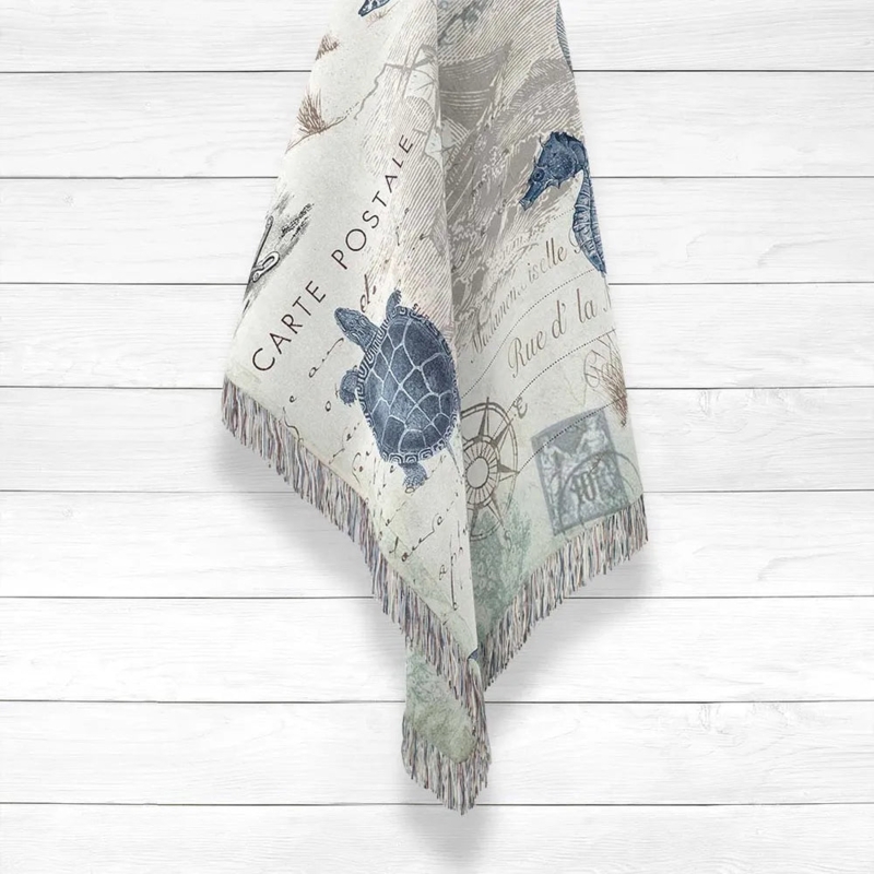 Throw Blanket Postcard Print Woven Vintage Pattern Fringed Edges Coastal