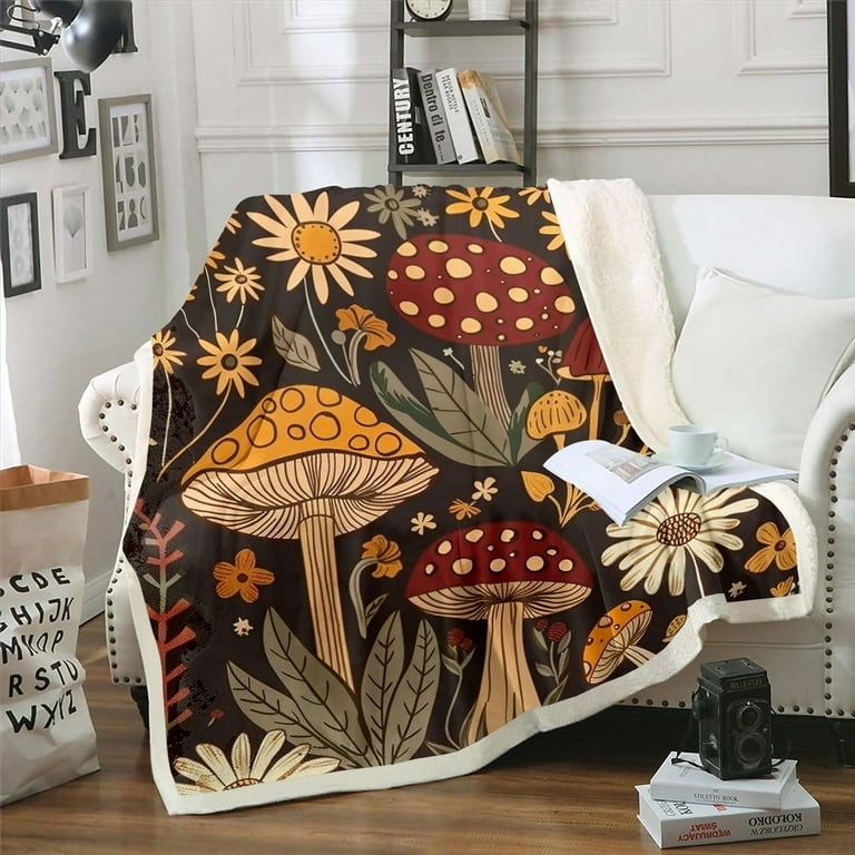 Throw Blanket Psychedelic Mushroom Print Sherpa Fleece Retro 70s