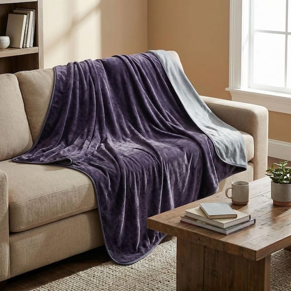 Throw Blanket Purple Gray Dual Sided Waterproof Plush Fleece