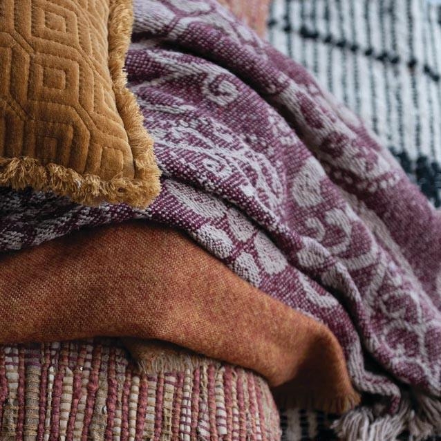 Throw Blanket Purple Paisley Tasseled Fringe Woven Recycled Cotton