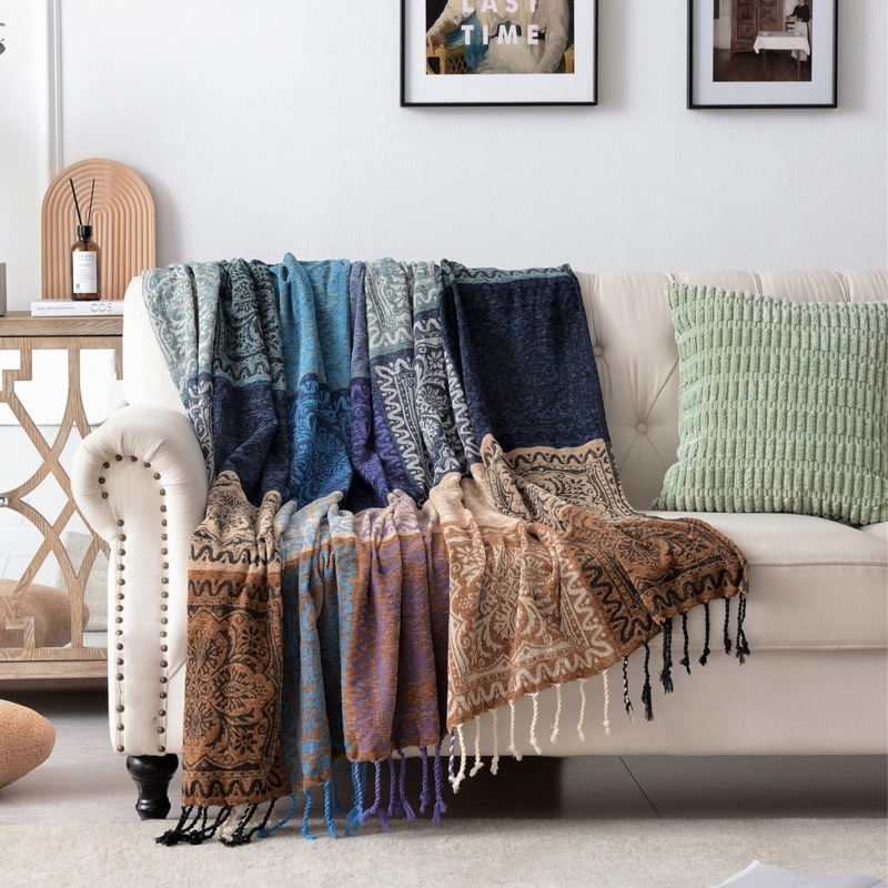 Throw Blanket Purple Tribal Jacquard Chenille Tassel Sofa Cover