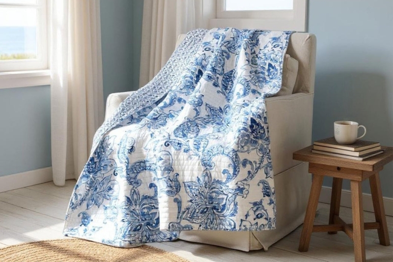Throw Blanket Quilted Navy White Paisley Reversible Traditional Decor