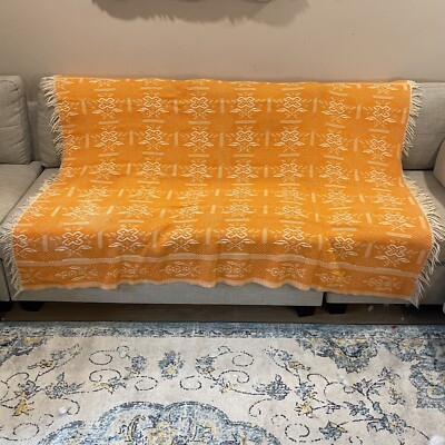 Throw Blanket Radiant Orange Floral Pattern Geometric Border Fringe