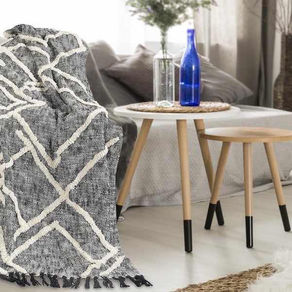 Throw Blanket Raised Tufting Braided Tassels Cream Black Boho