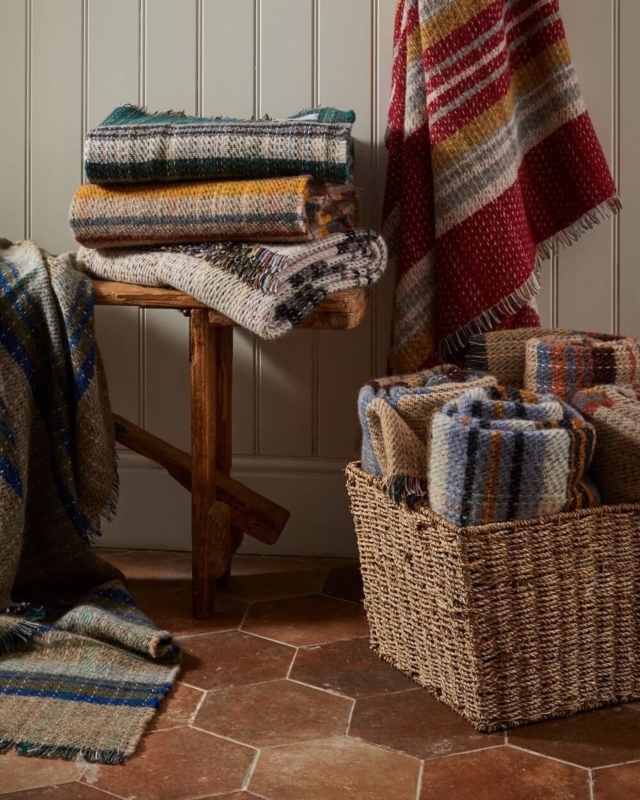Throw Blanket Recycled Wool Texture Multicolored Striped Weave