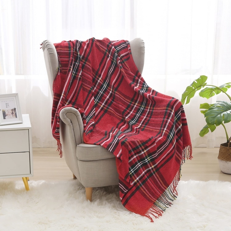 Throw Blanket, Red and Black Tartan Plaid, Chenille, Corner Tassels