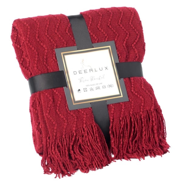 Throw Blanket, Red and White Chevron Knit, Knotted Fringe Tassels