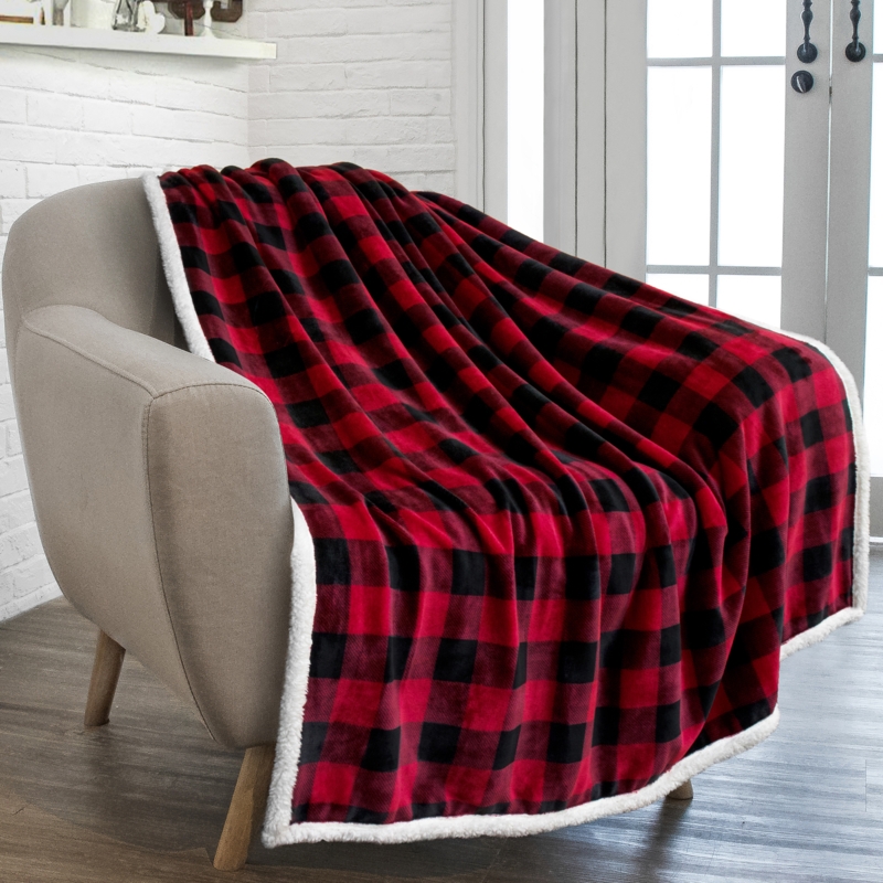 Throw Blanket Red Black Buffalo Plaid White Sherpa Reverse Decor