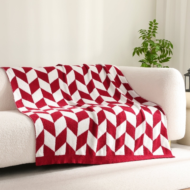 Throw Blanket: Red Chevron Feather Yarn, Textured for Festive Styling