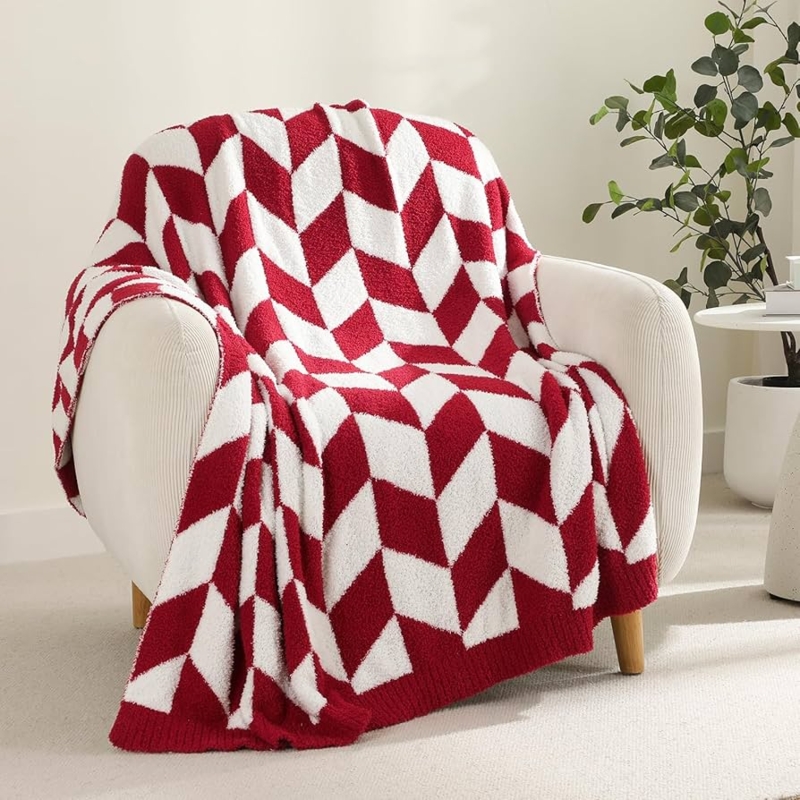 Throw Blanket: Red Chevron Plush Knit, Cozy and Festive for Sofa Styling