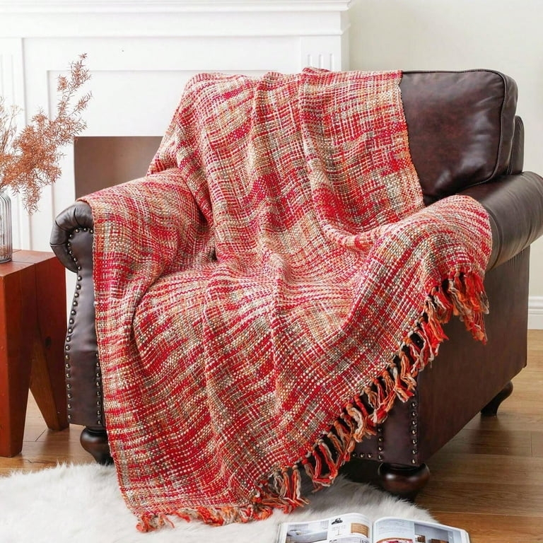 Throw Blanket, Red Geometric Tribal Pattern, Twisted Fringe