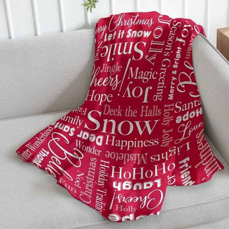 Throw Blanket Red Plush Holiday Theme Word Print Festive