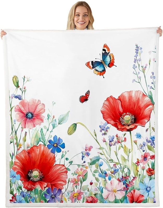 Throw Blanket Red Poppy Pattern Watercolor Floral Print Farmhouse Style