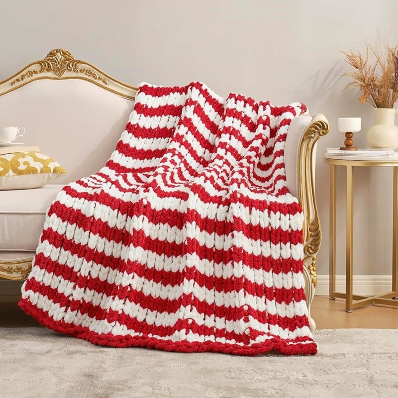 Throw Blanket Red White Bold Stripes Chenille Cable Knit Festive