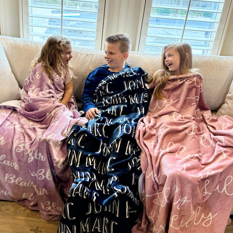 Throw Blanket Repeating Name Pattern Plush Navy Blue