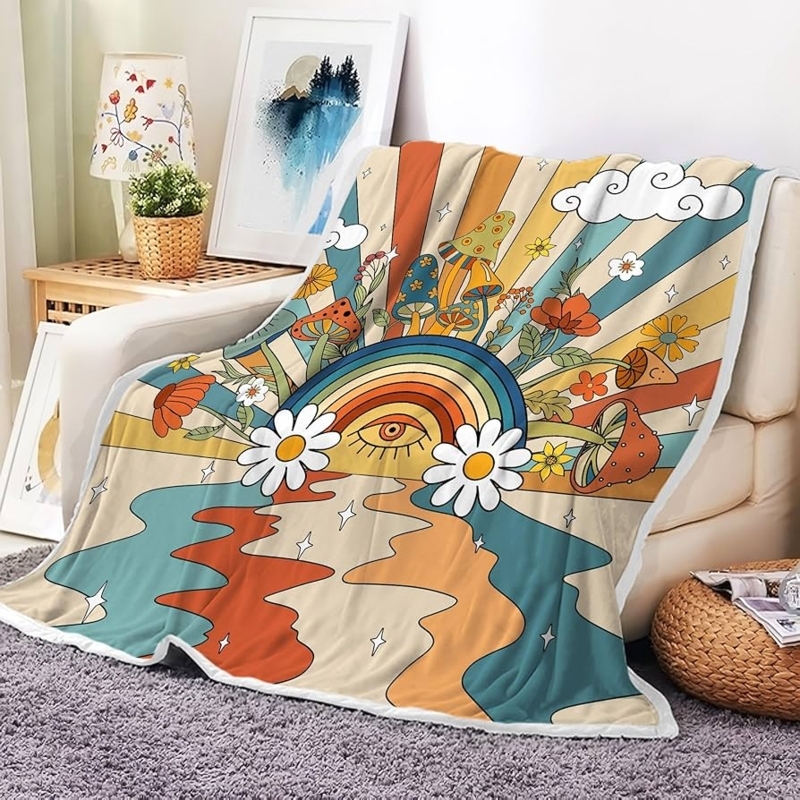 Throw Blanket Retro 70s Wavy Stripes Orange Yellow Fleece Texture