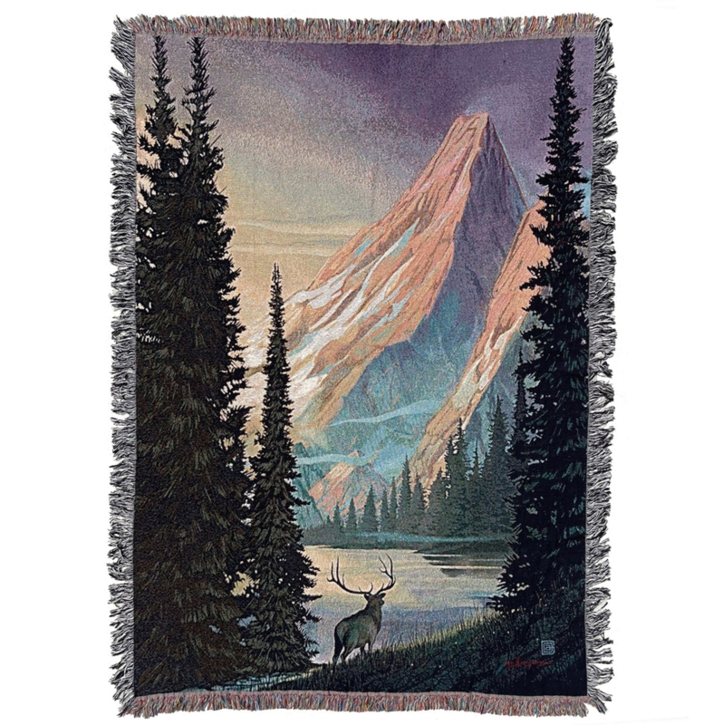 Throw Blanket, Retro Landscape Graphic with Fringe. Vintage Lodge Style.