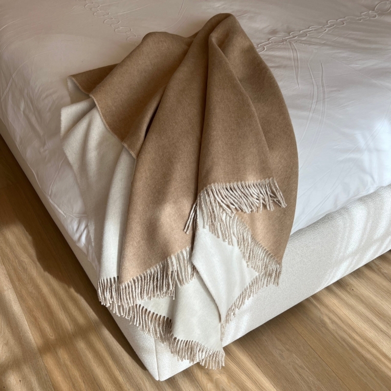 Throw Blanket Reversible Cashmere Material Fringe Tassels Clove & Ivory