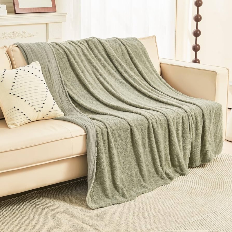 Throw Blanket Reversible Cotton Muslin Crinkled Fleece-like Sage Green
