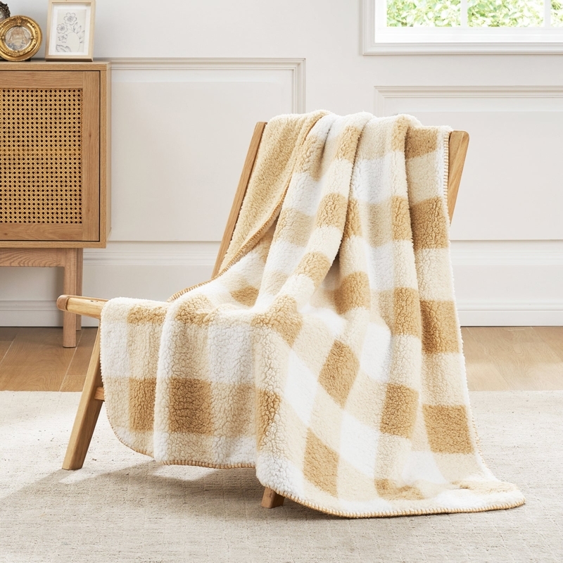 Throw Blanket Reversible Herringbone Pattern Sherpa Lining Navy Blue