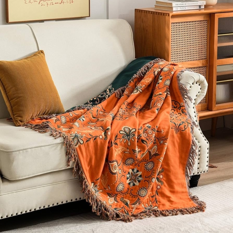 Throw Blanket Reversible Mandala Pattern Knotted Tassels Boho Couch Decor