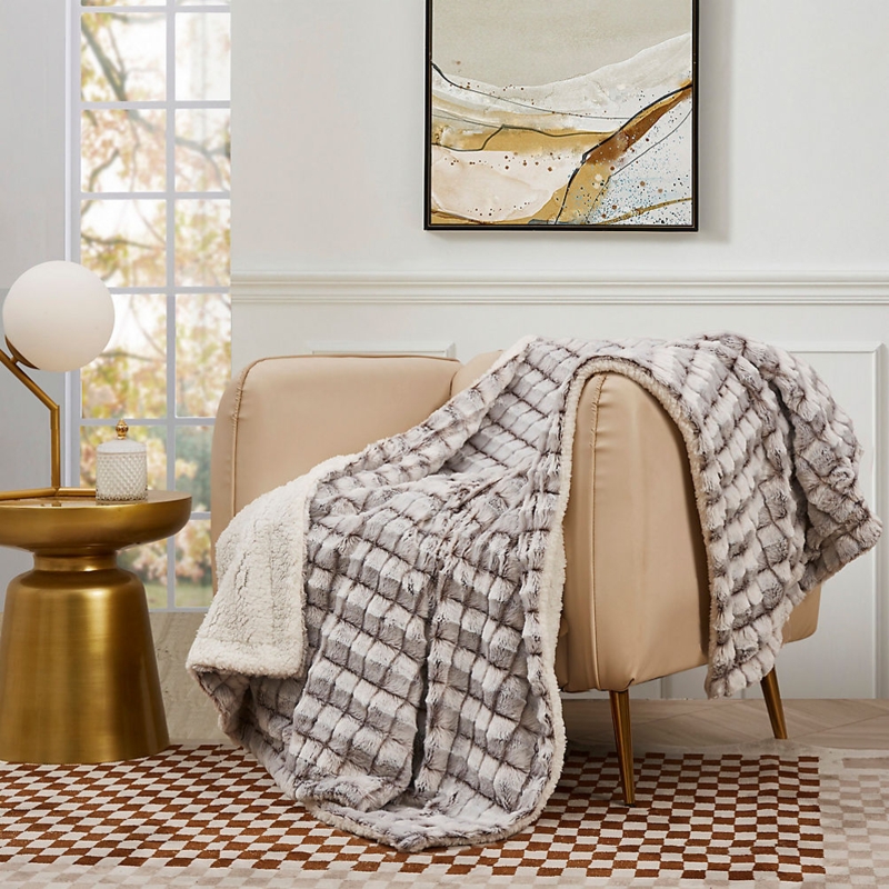 Throw Blanket Reversible Micromink Sherpa Lining Navy Blue & Cream