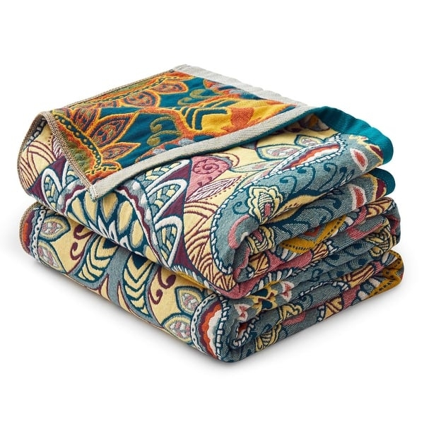 Throw Blanket | Reversible Navy Botanical Jacquard | Fringed Edge Detail