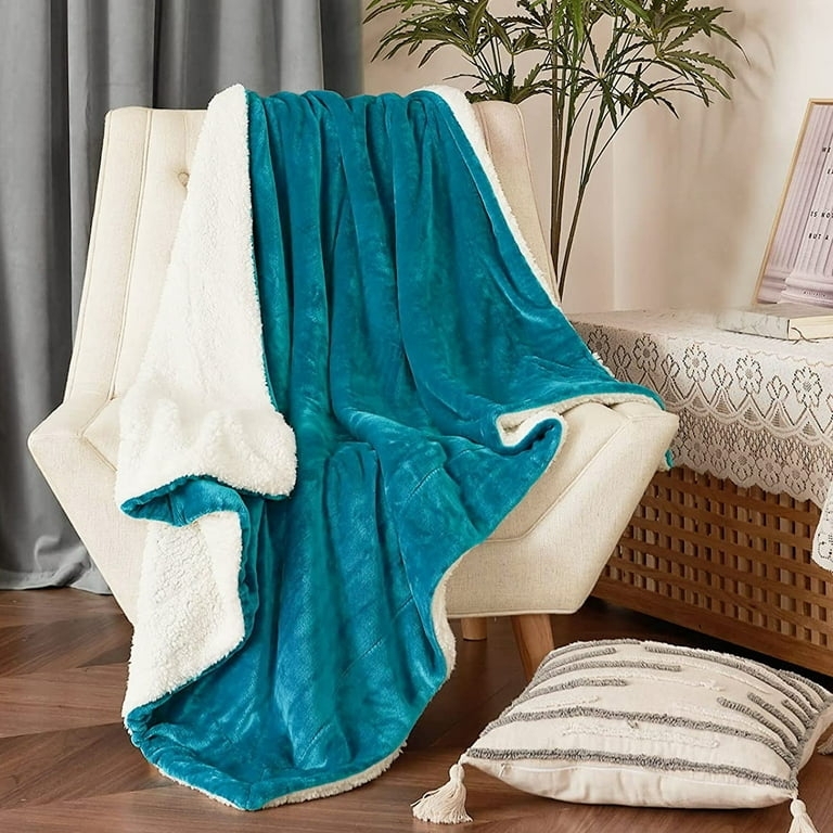 Throw Blanket, Reversible Plush Fleece and Sherpa, Deep Teal, Warm Decor