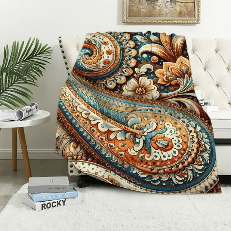 Throw Blanket Reversible Salmon Teal Paisley Channel Stitch Boho