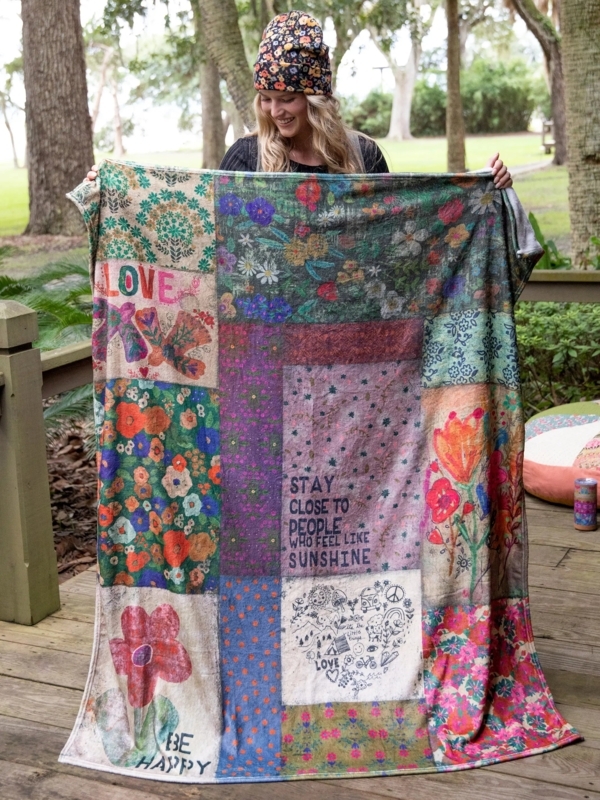 Throw Blanket Reversible Sherpa Fleece Floral Patchwork Bohemian