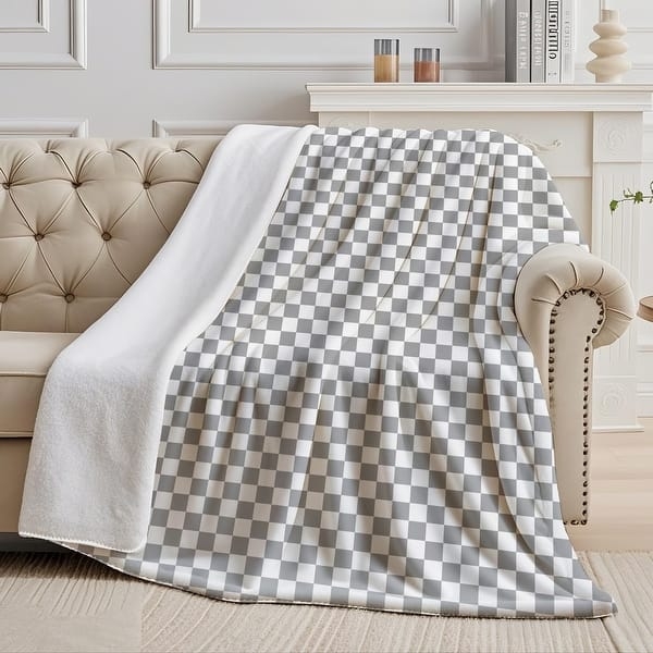Throw Blanket Reversible Sherpa-like Lining Checkerboard Light Blue