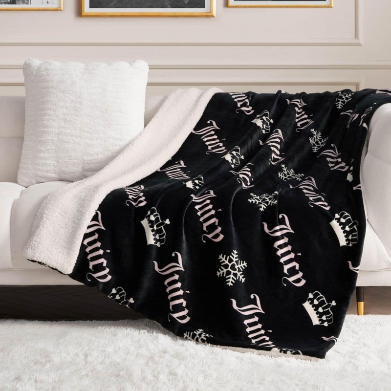 Throw Blanket Reversible Sherpa Quilted Logo Motif Plush