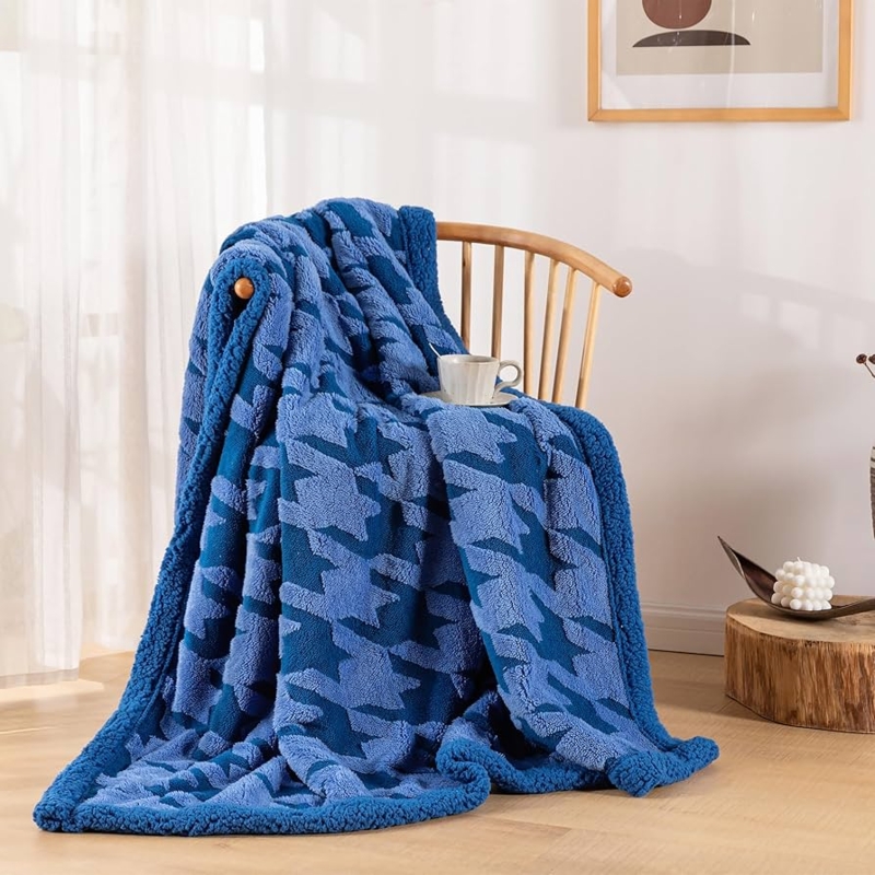 Throw Blanket Reversible Sherpa Sky Blue Houndstooth Plush Fleece Decor